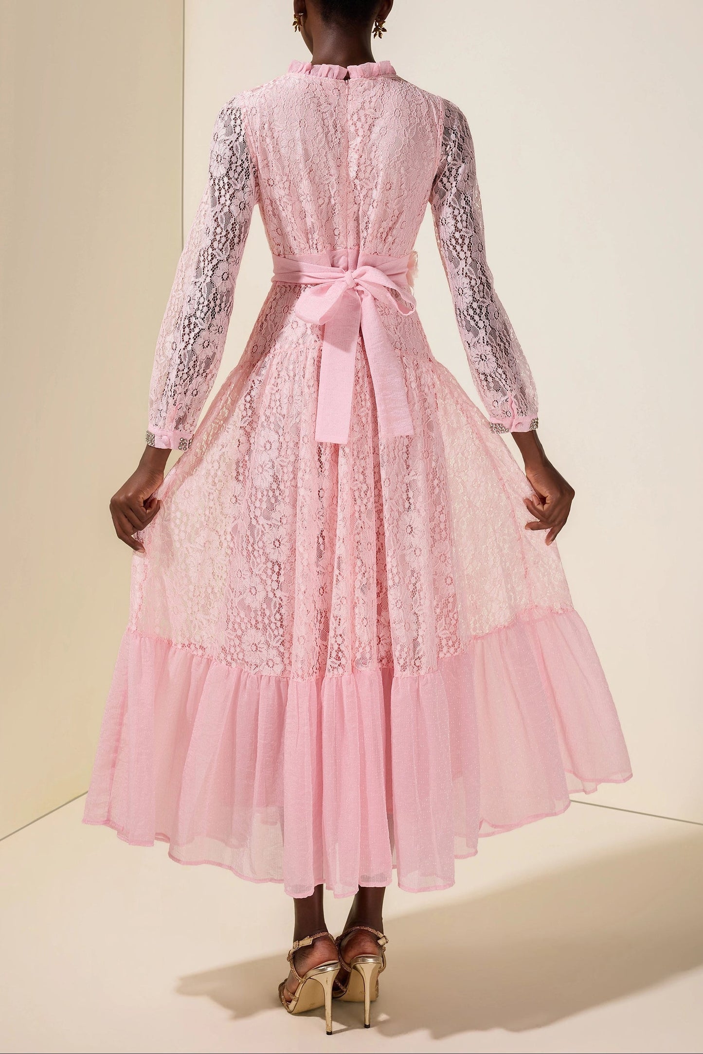 virginia Lace 3D Flower Rhinestone Rivets Midi Dress - pink
