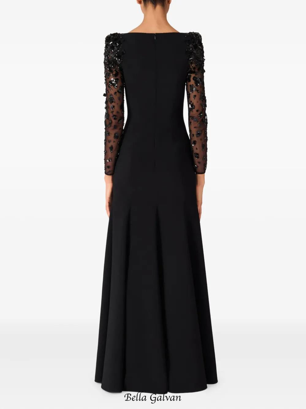 martha Mesh splicing beading diamond maxi dress in black