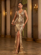 V Neck Split Mermaid Sequin Golden Evening Dress