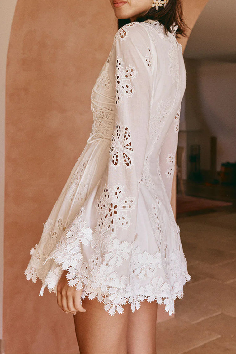 Flowering Girl Women Flower Embroidery Hollow Mini Dress In White