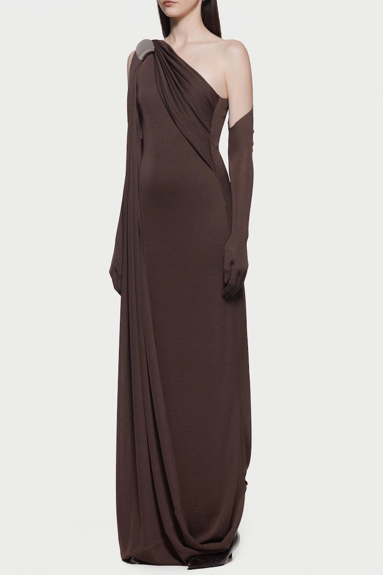 Flowering Girl Women Xaviera One-Shoulder Pleated Backless Maxi Dress In Brown