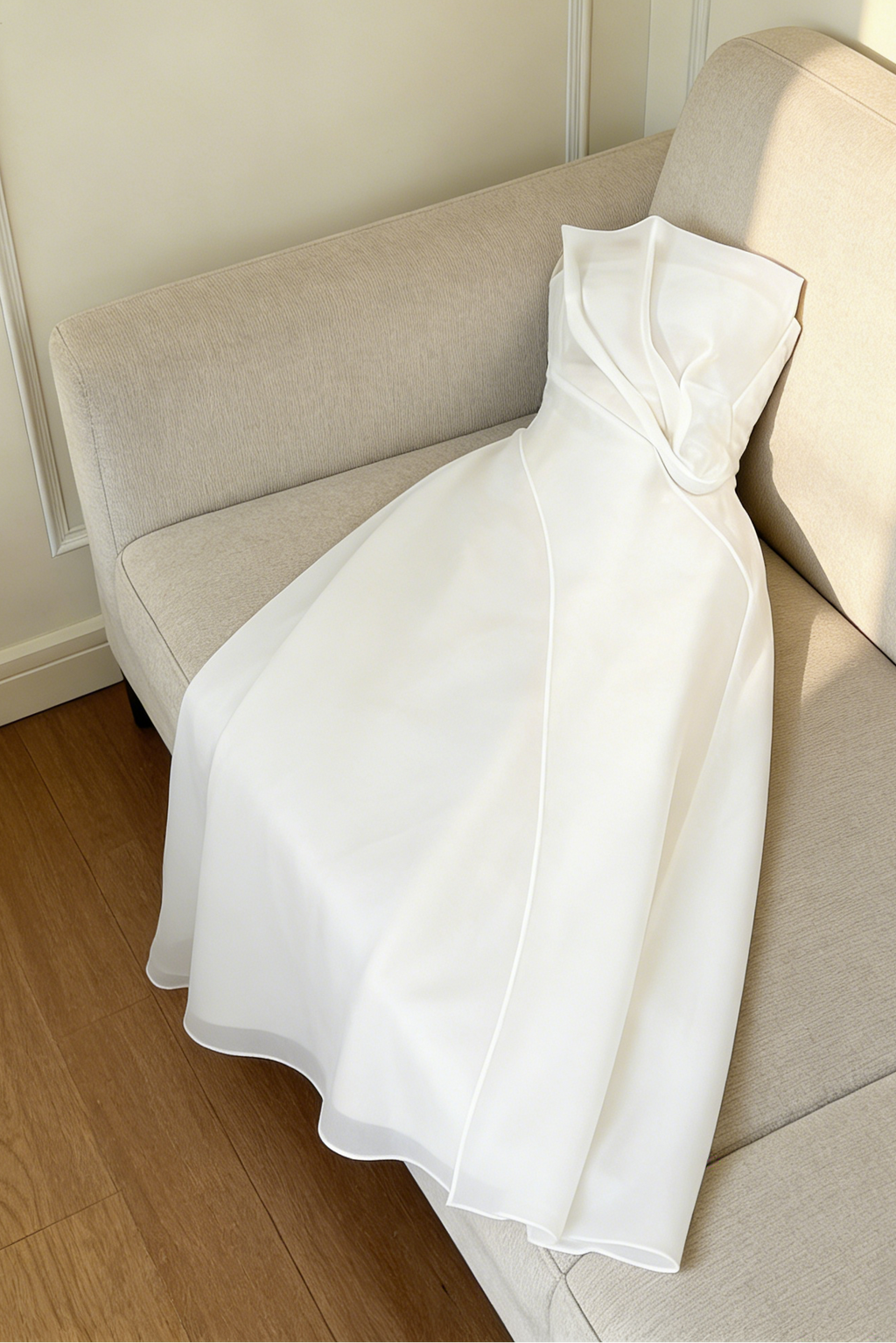 Strapless Layered Organza Midi Dress In White