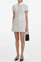 Flowering Girl Women Decorative Buttons Check Mini Dress In White