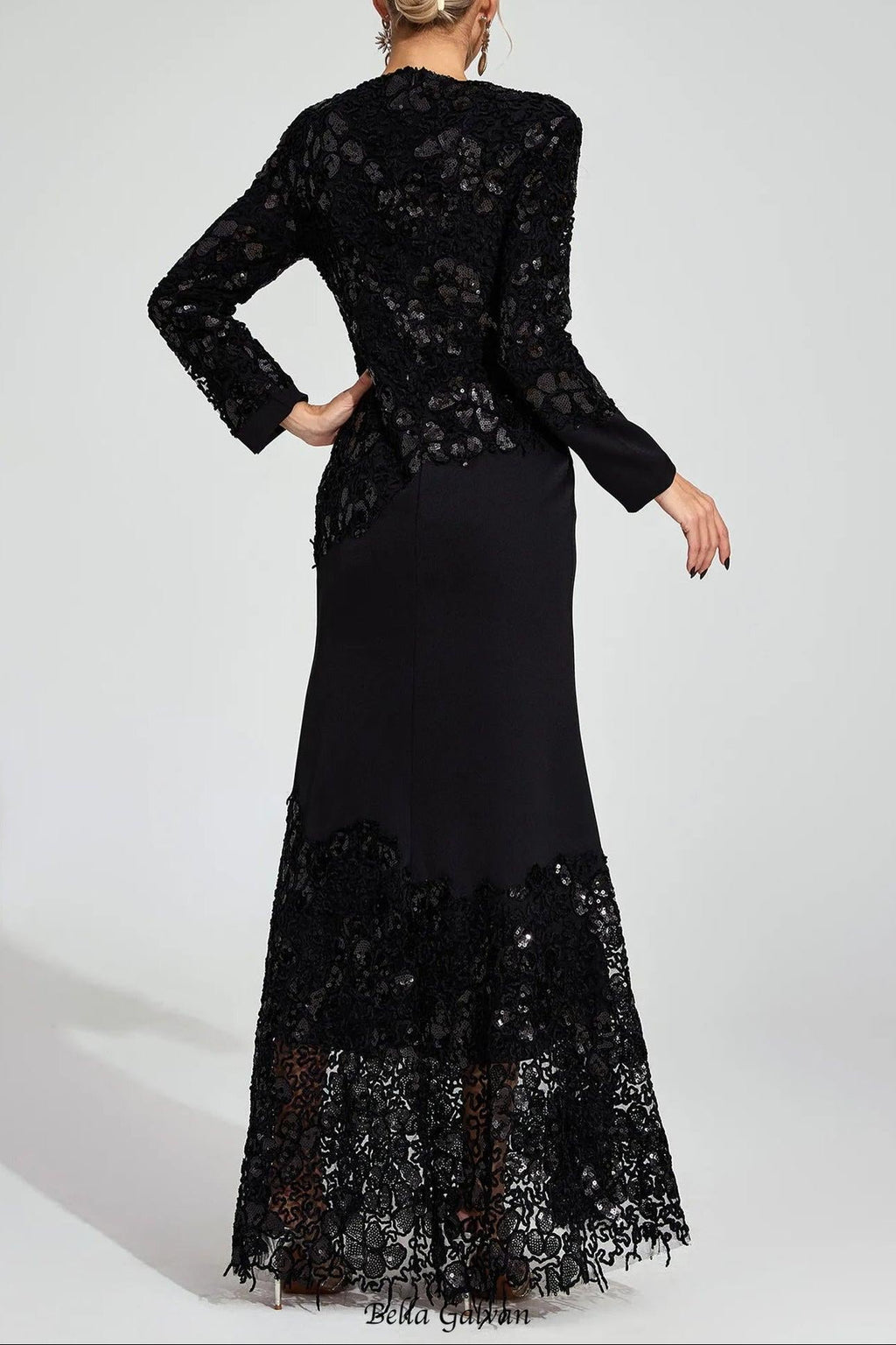 joanna Black long sleeve Embroidered Maxi Dress