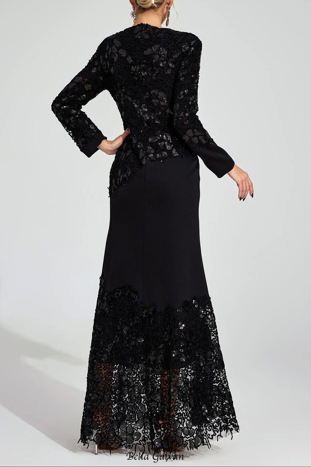 joanna Black long sleeve Embroidered Maxi Dress