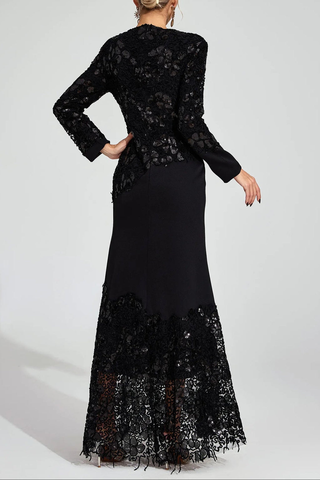 Joanna Black Long Sleeve Embroidered Maxi Dress