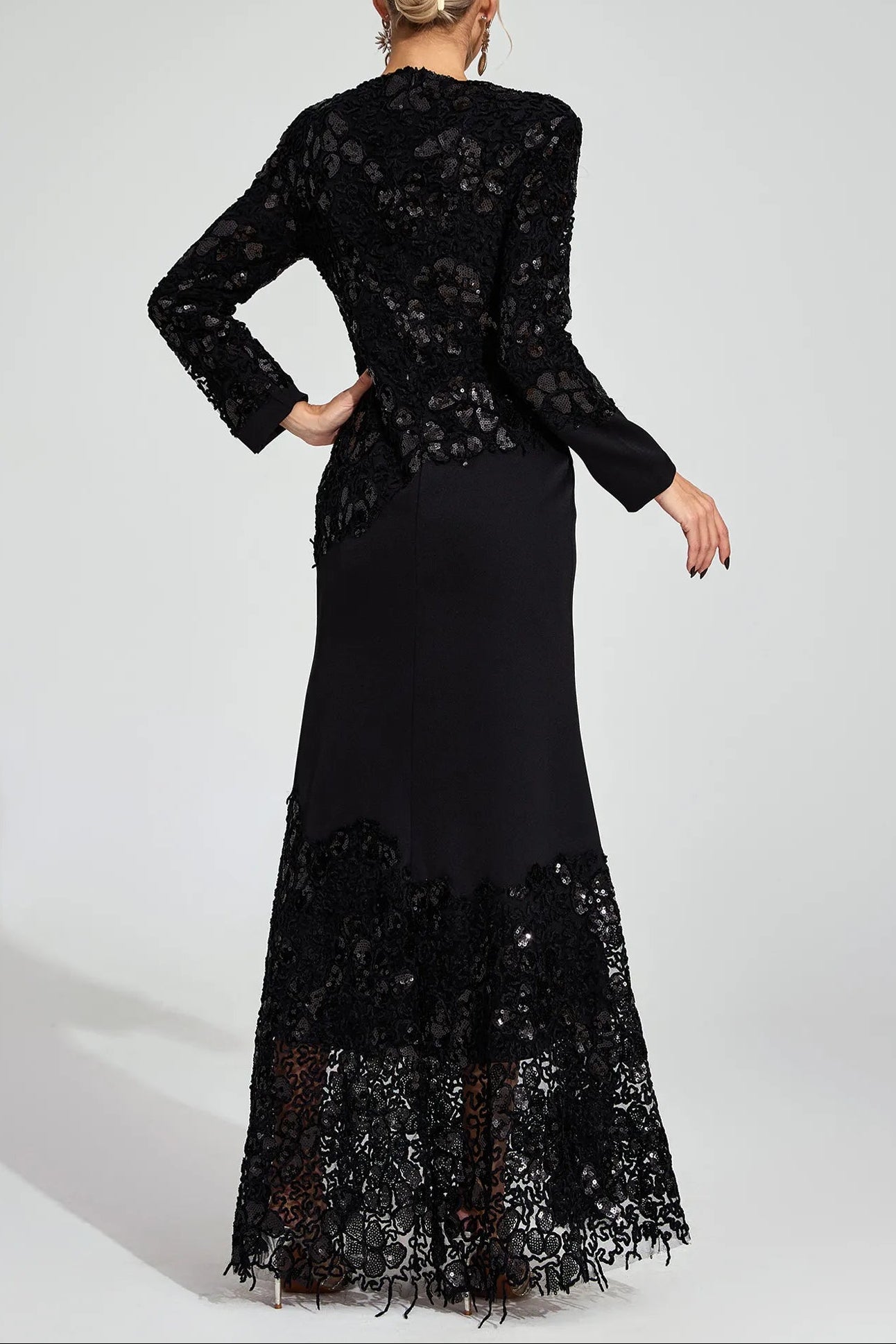 Joanna Black Long Sleeve Embroidered Maxi Dress