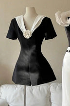 Flowering Girl Women v Neck White 3d Flower Jumpsuit In Black