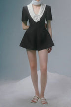 Flowering Girl Women v Neck White 3d Flower Jumpsuit In Black