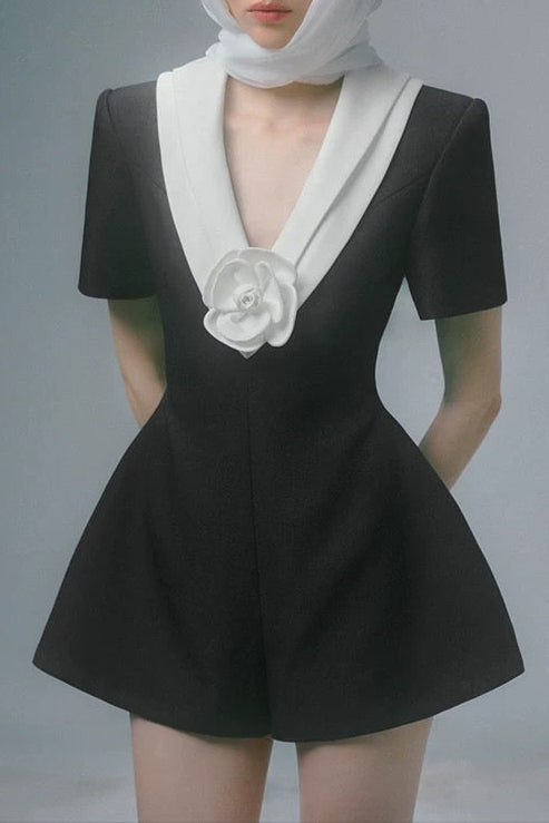 Flowering Girl Women v Neck White 3d Flower Jumpsuit In Black