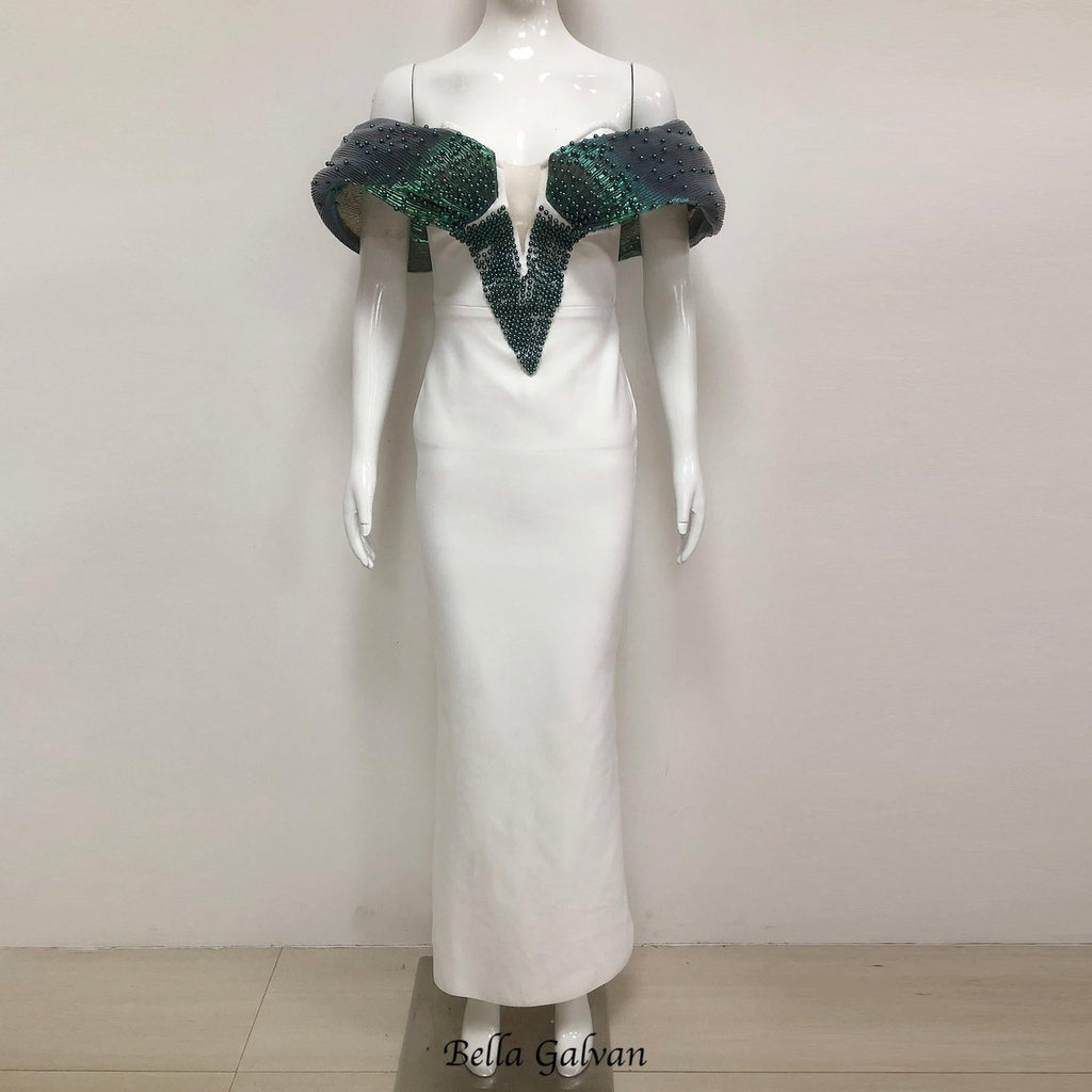 Off-Shoulder pearl embellished bodycon maxi dress in green