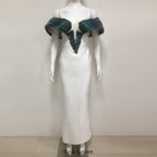 Off-Shoulder pearl embellished bodycon maxi dress in green