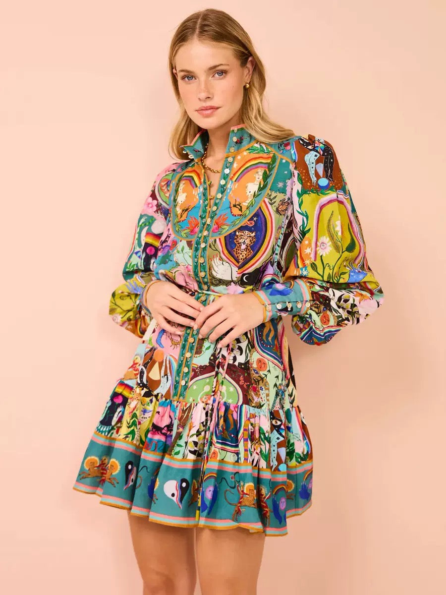 BLUE EVERGREEN ARTWORK-PRINT MINI DRESS