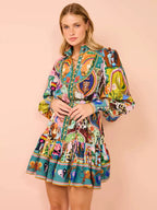BLUE EVERGREEN ARTWORK-PRINT MINI DRESS