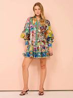 BLUE EVERGREEN ARTWORK-PRINT MINI DRESS