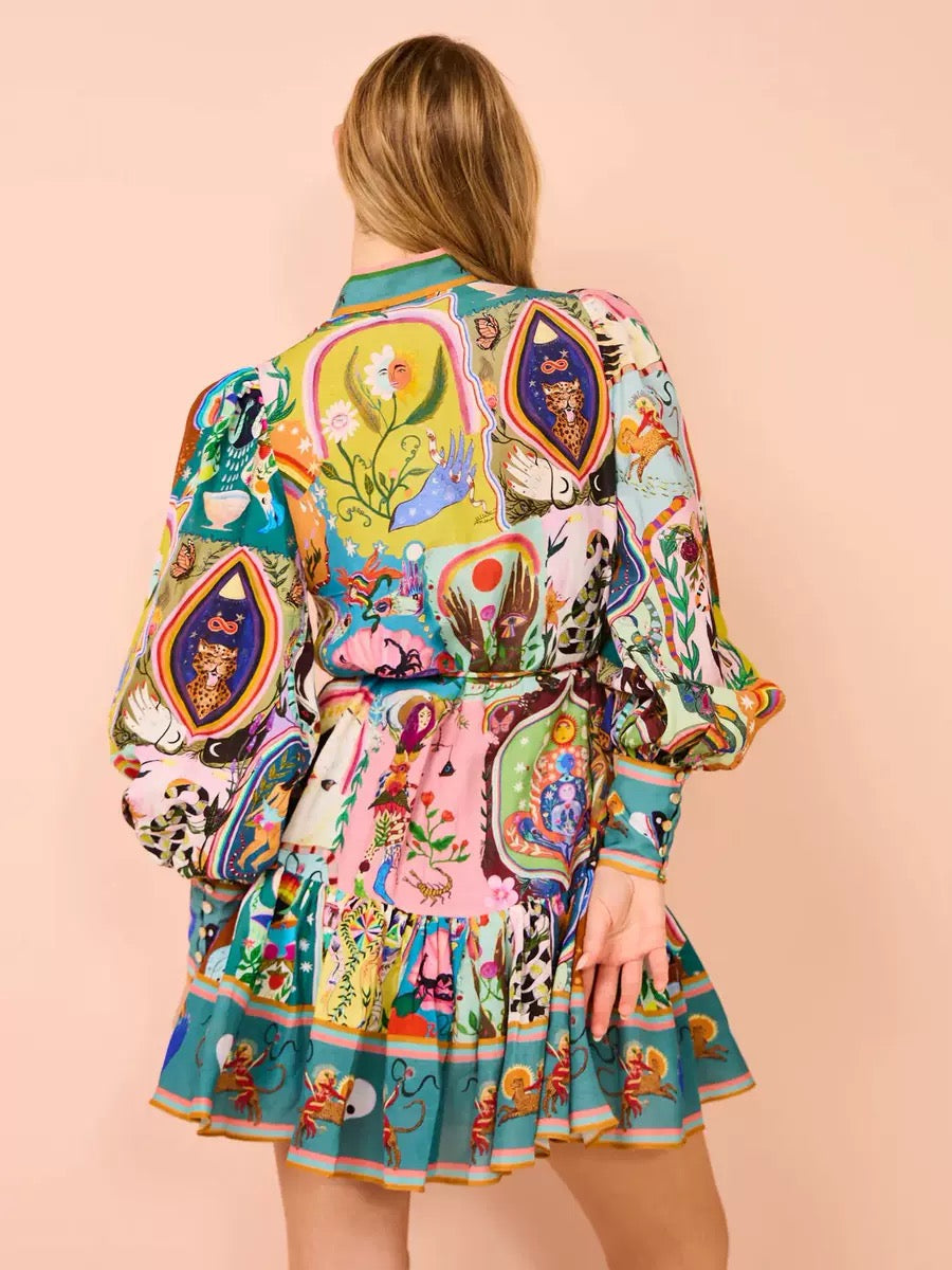 BLUE EVERGREEN ARTWORK-PRINT MINI DRESS