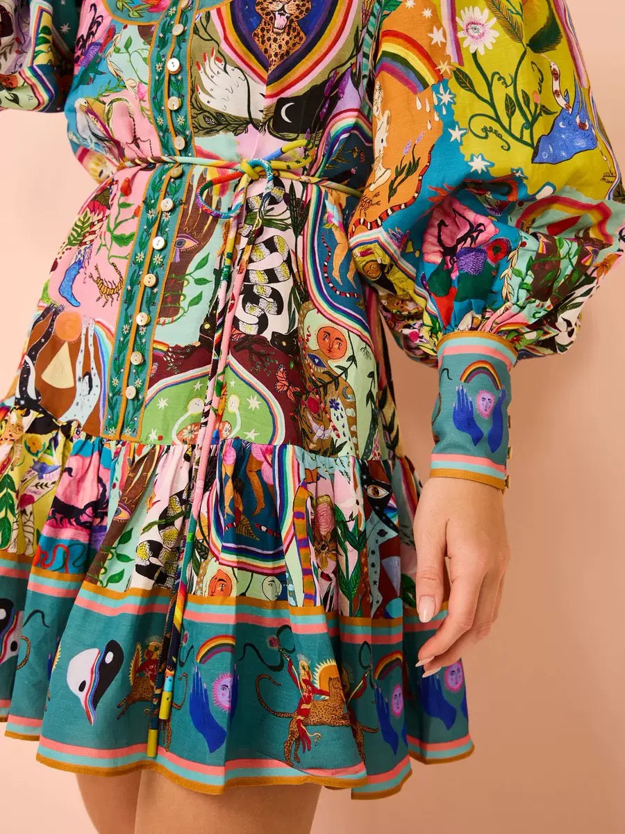BLUE EVERGREEN ARTWORK-PRINT MINI DRESS