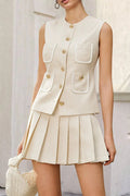 Flowering Girl Women Celeste Tweed Button-Front Vest Pleated Skirt Set In Apricot
