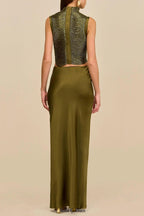 Sleeveless Turtleneck Tassel Paneled Top and Satin Skirt Set in green