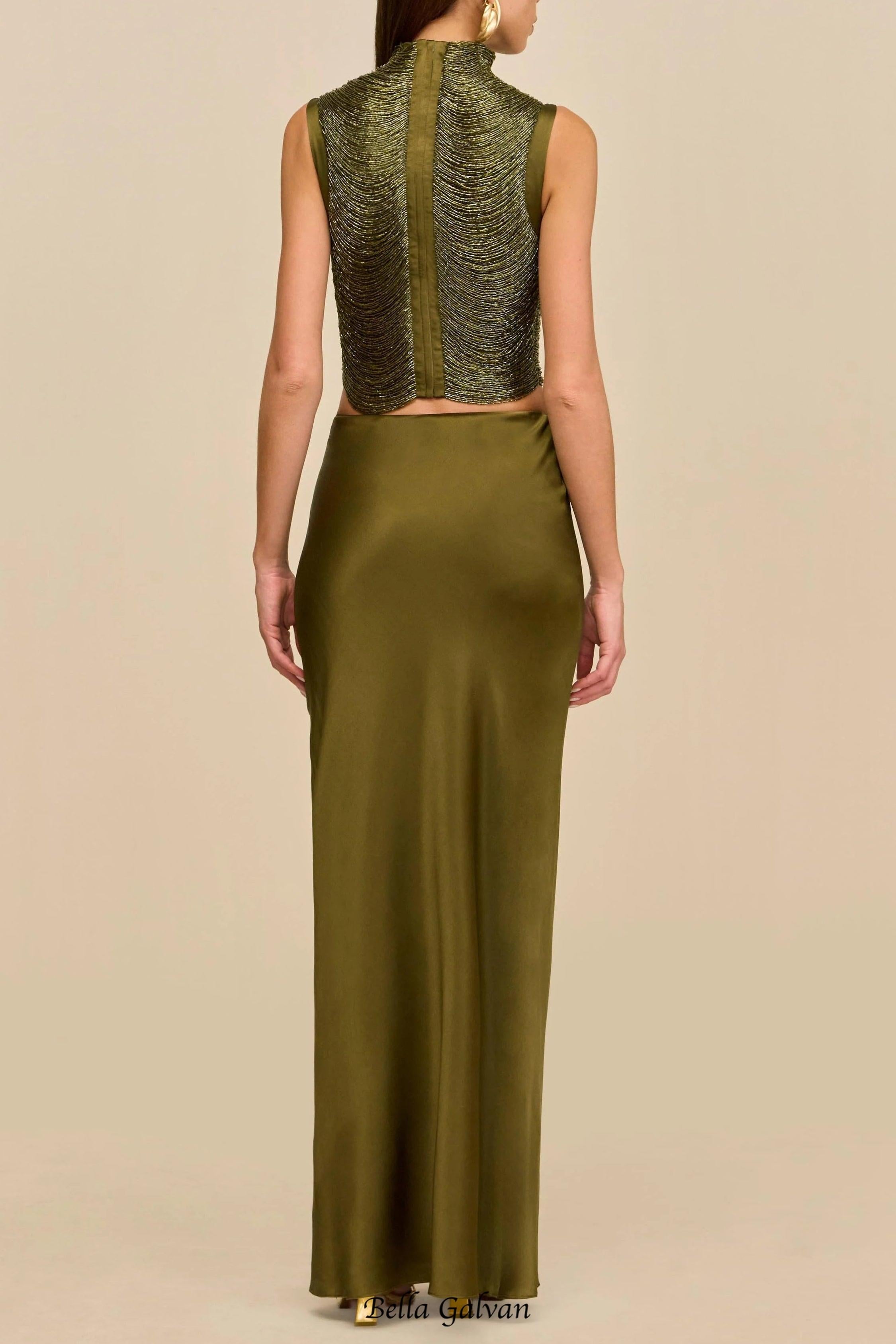 Sleeveless Turtleneck Tassel Paneled Top and Satin Skirt Set in green