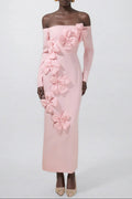 Flowering Girl Women Hilary Pink 3D Flower Long Sleeve Strapless Midi Dress