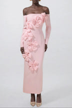 Flowering Girl Women Hilary Pink 3D Flower Long Sleeve Strapless Midi Dress