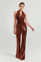 Flowering Girl Women Nora Brown Sequin Halterneck Deep V High Waist Flared Jumpsuit