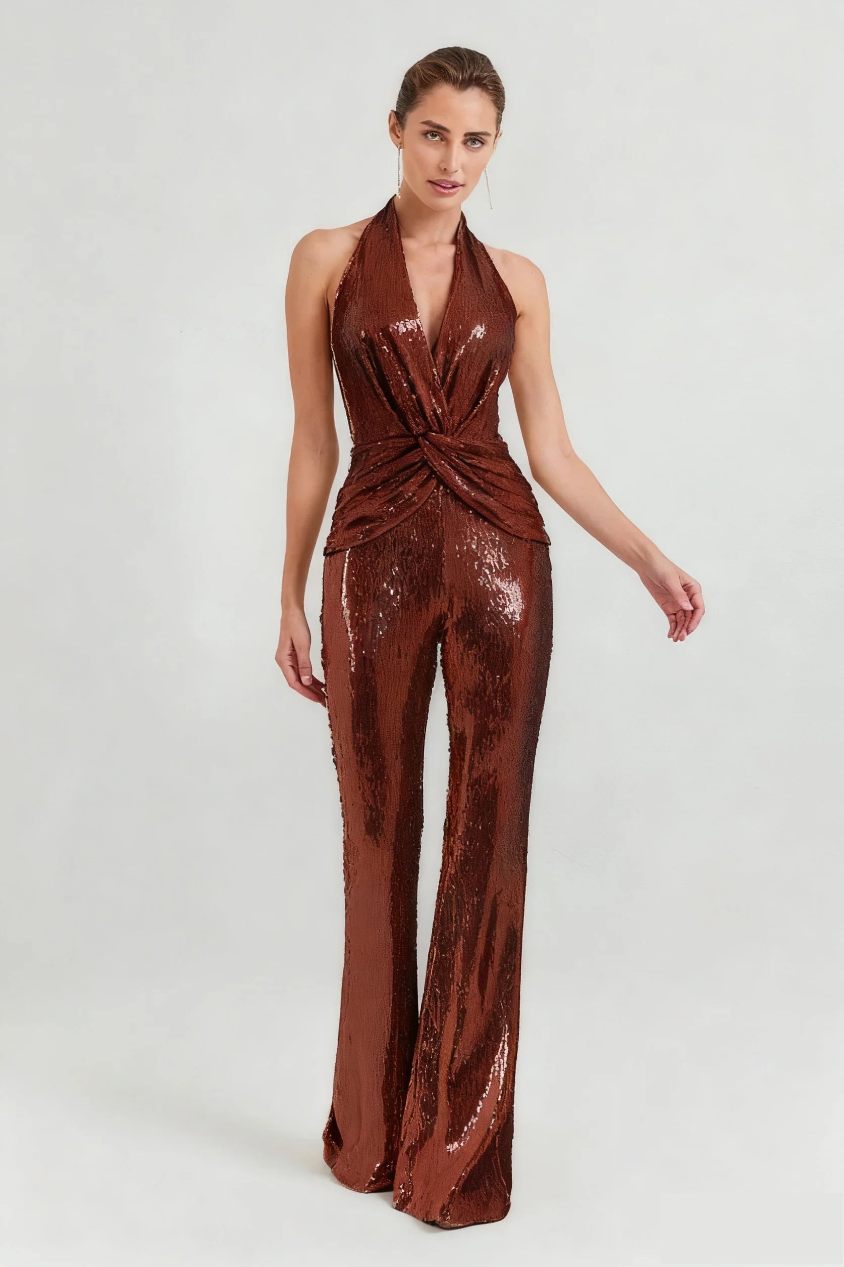 Flowering Girl Women Nora Brown Sequin Halterneck Deep V High Waist Flared Jumpsuit