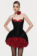 Rose Flower Ruffled Floral Mini Dress In Red