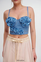 Flowering Girl Women Denim Top With Roses