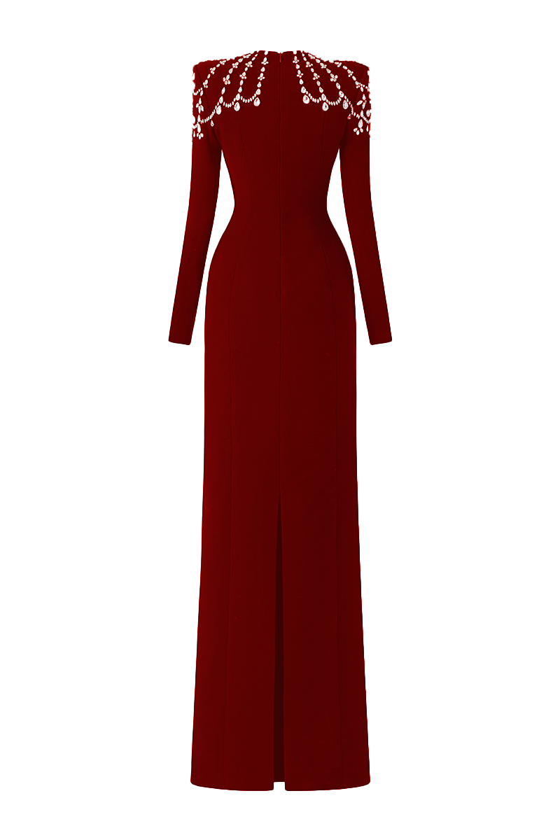 Flowering Girl Women long sleeve trapezoid neckline bodycon maxi dress in red