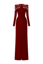 Flowering Girl Women long sleeve trapezoid neckline bodycon maxi dress in red