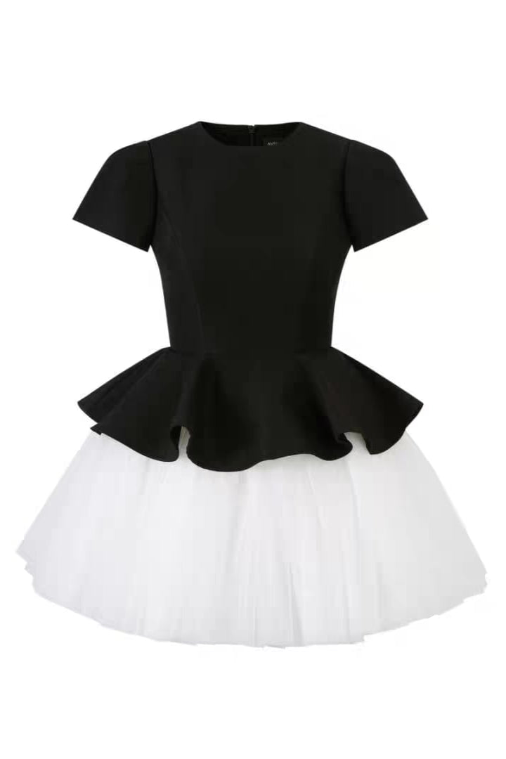 Flowering Girl Women Two-Tone Velvet Ruffle Hem Puffy Mini Dress