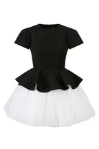 two-tone Velvet ruffle hem puffy mini dress