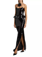 Flowering Girl Women peplum waist sequin maxi dress in black