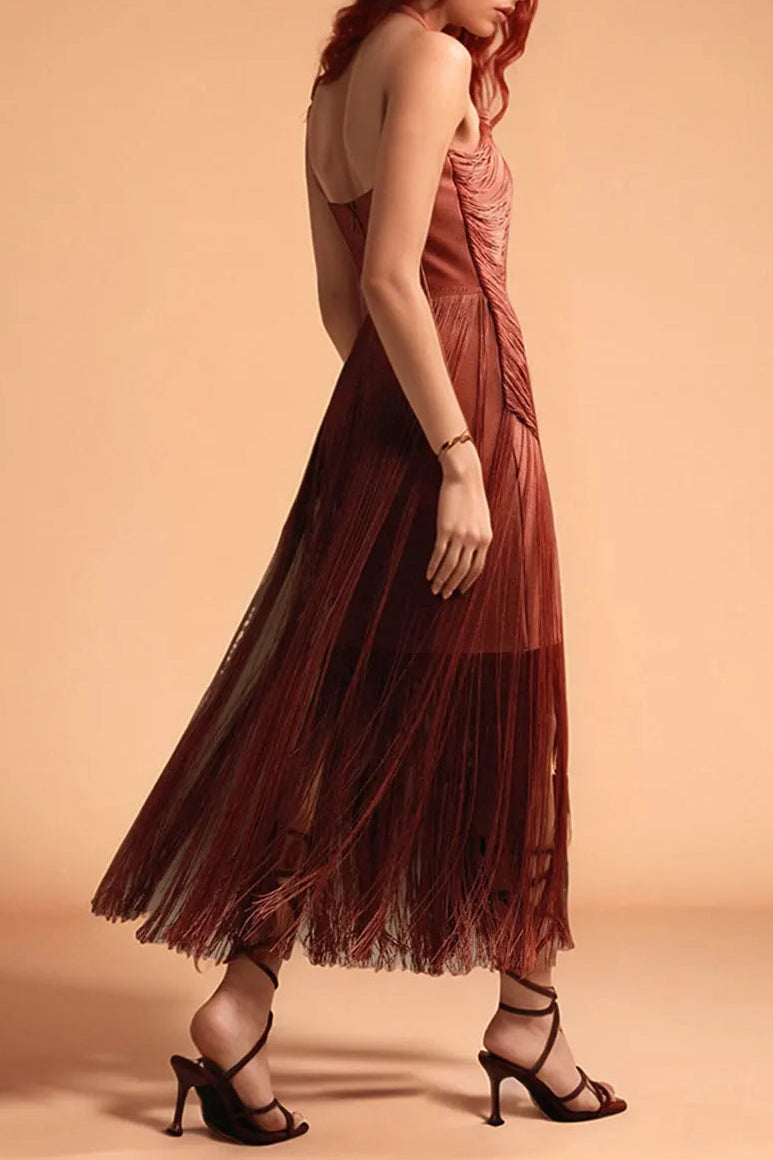 Nicola Pleated Halter Fringe Maxi Dress In Brown