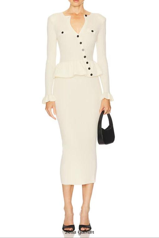 caroline Asymmetric Knit Midi Dress in beige