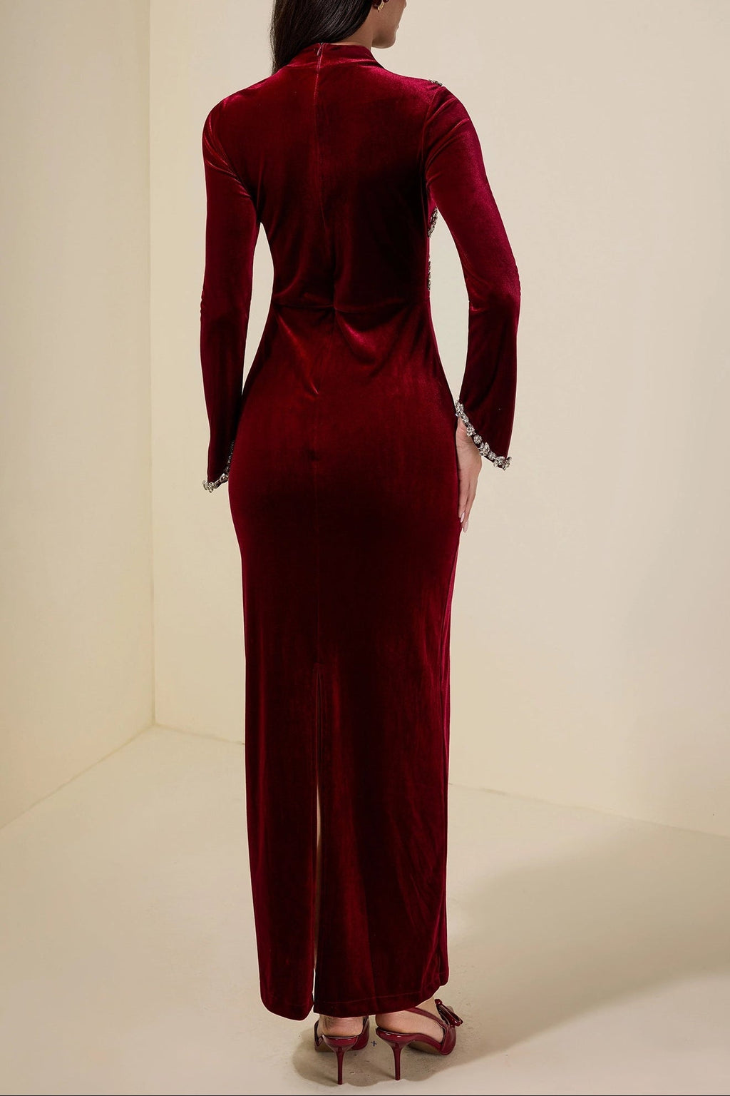 hilary Velvet Rhinestone Long Sleeve Maxi Dress - burgundy