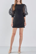 victoria organza puff sleeves mini dress in black