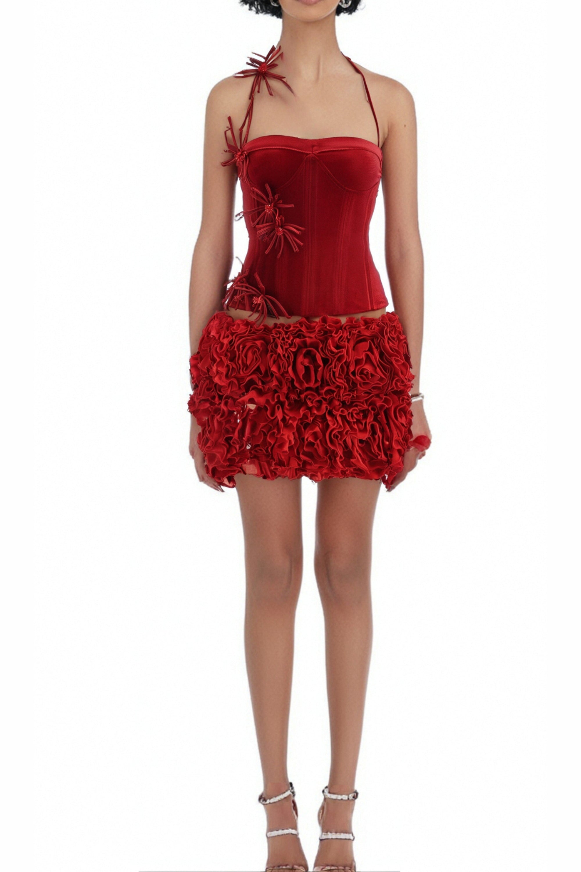 Flowering Girl Women Corset Floral Mini Skirt Suit In Red