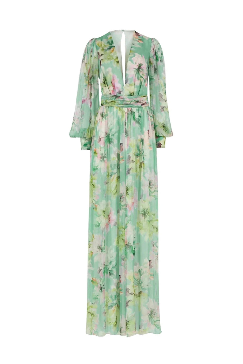 Flowering Girl Women V Neck Floral Print Chiffon Maxi Dress In Green