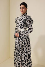 alma Chiffon Embroidered Single Breasted Midi Dress With Belt - black