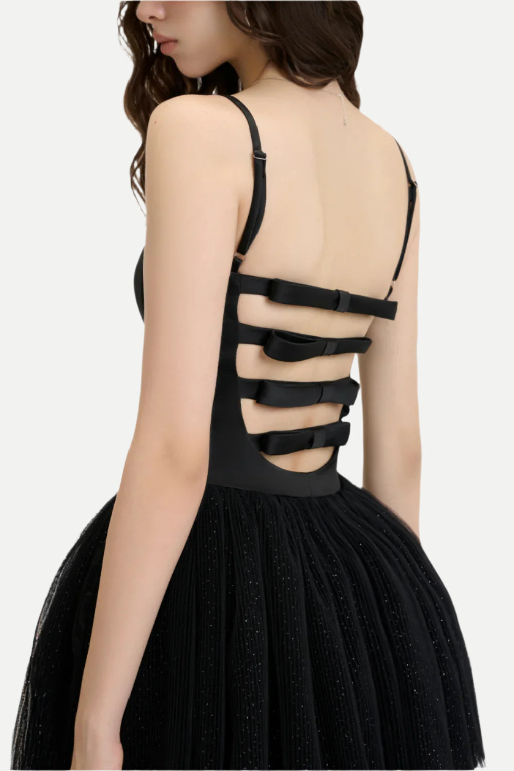 celeste lace bowknot backless mini dress in black