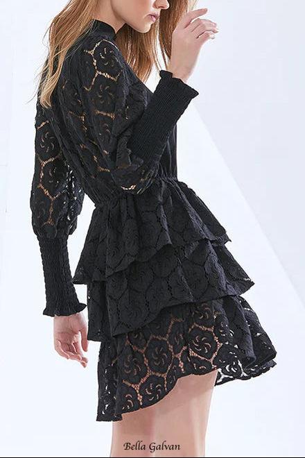 vanessa Long Sleeves Layered Lace Mini Dress in black