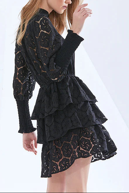 Vanessa Long Sleeves Layered Lace Mini Dress In Black