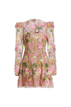 caitlin A-line Floral long sleeve Mini Dress In Pink