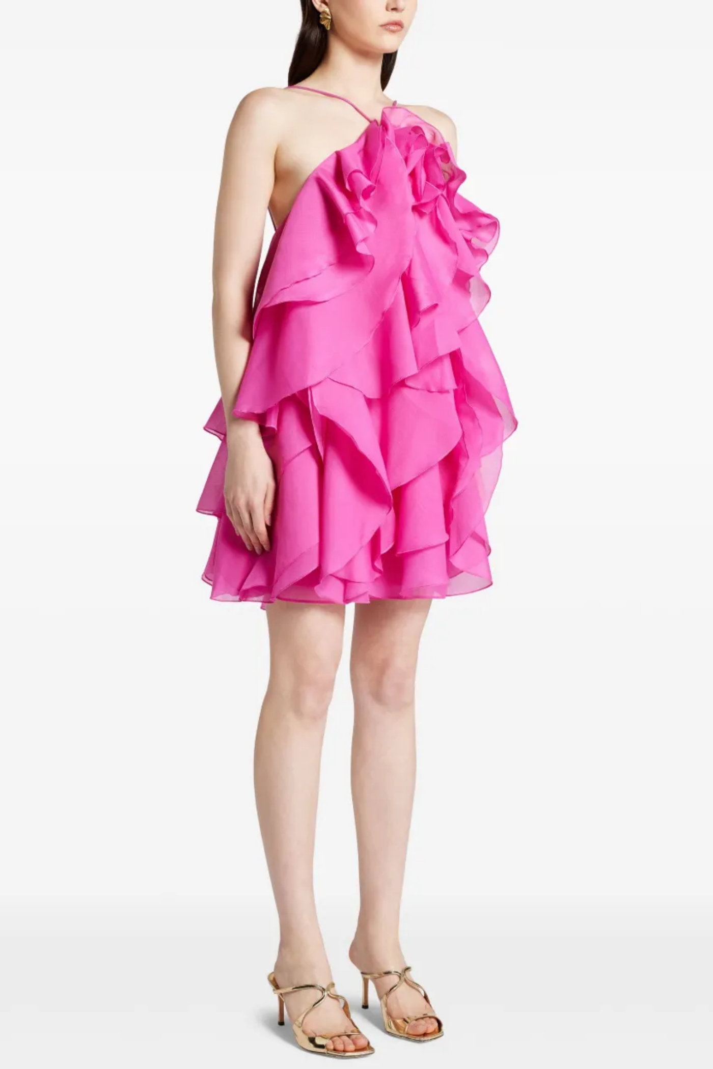 Flowering Girl Women lorraine Halter Floral Ruffle Layered Mini Dress in Fuchsia