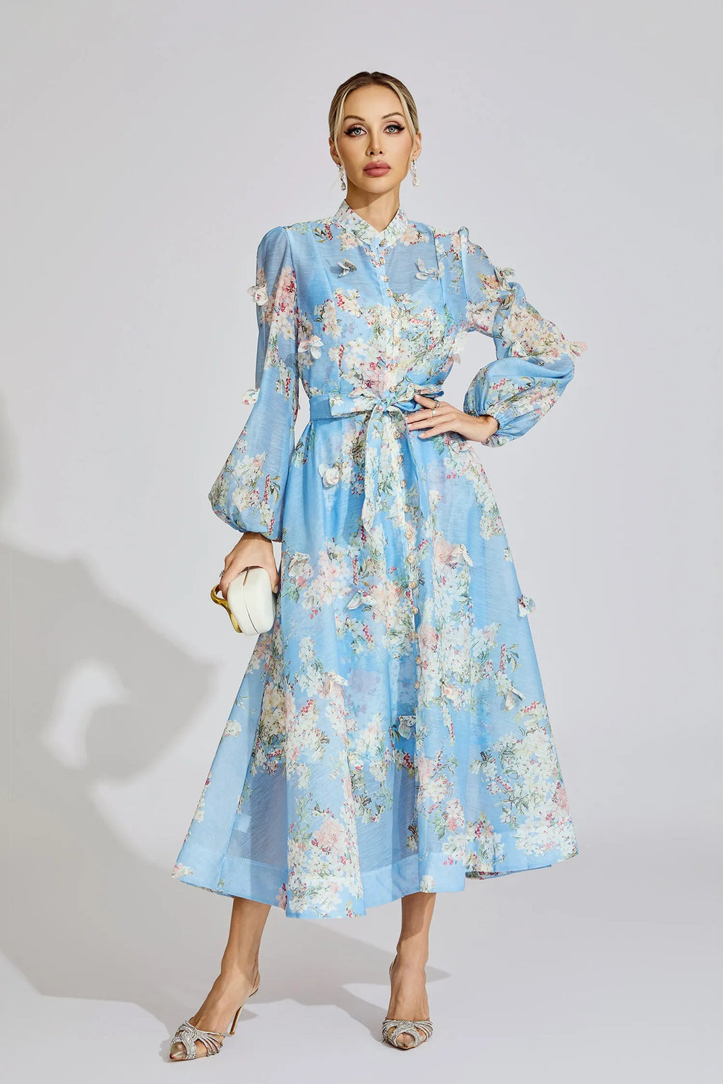 Tiffany Pale Blue Floral Printed Puff Sleeve Maxi Dress
