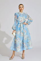 Tiffany Pale Blue Floral Printed Puff Sleeve Maxi Dress