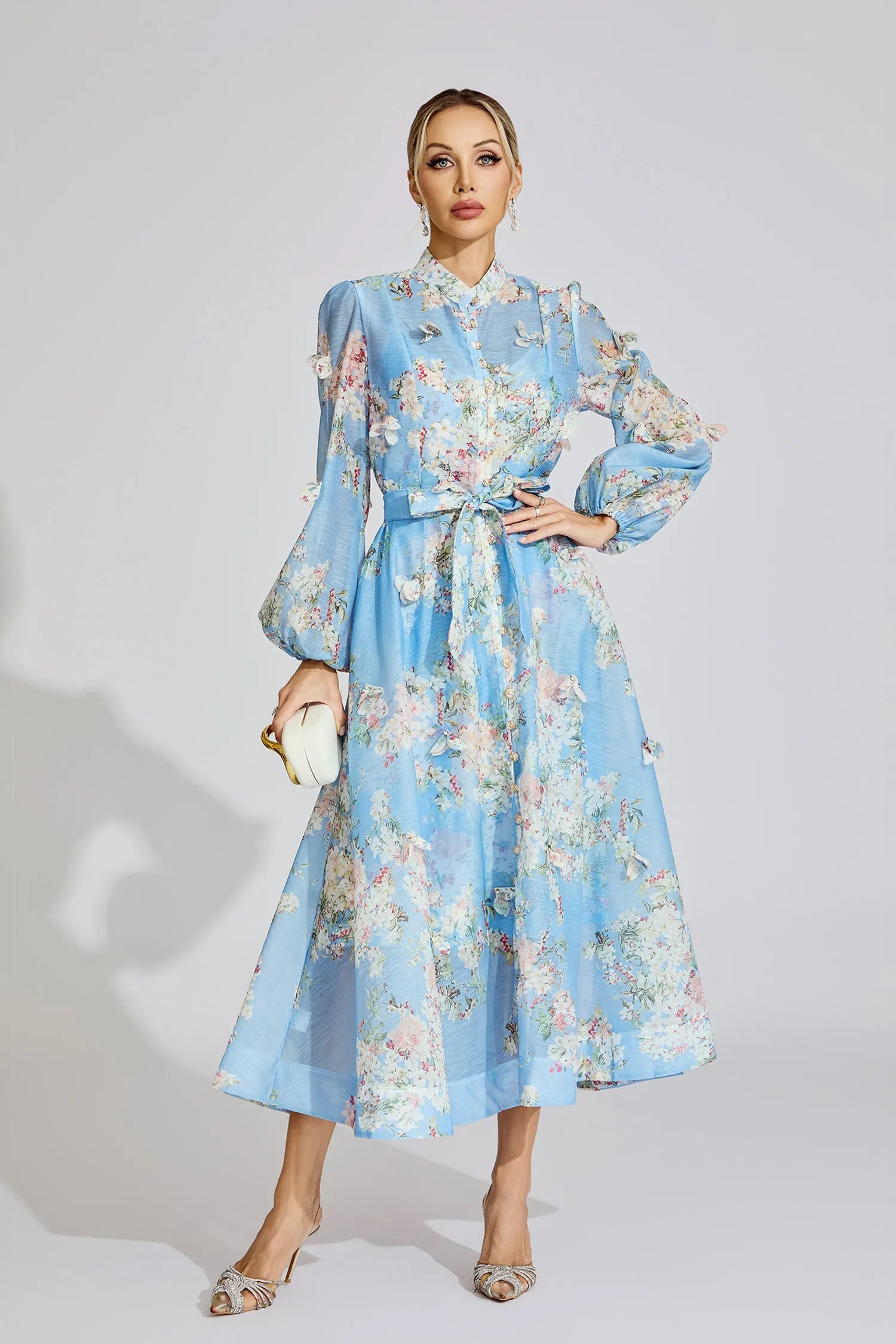 Tiffany Pale Blue Floral Printed Puff Sleeve Maxi Dress